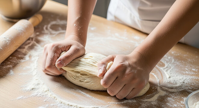 Teenager kneading bread dough on a wooden countertop with flour and baking tools around