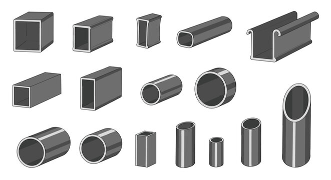 A collection of various metallic construction profiles and tubes, including square, rectangular, and round shapes, on a gray background.
