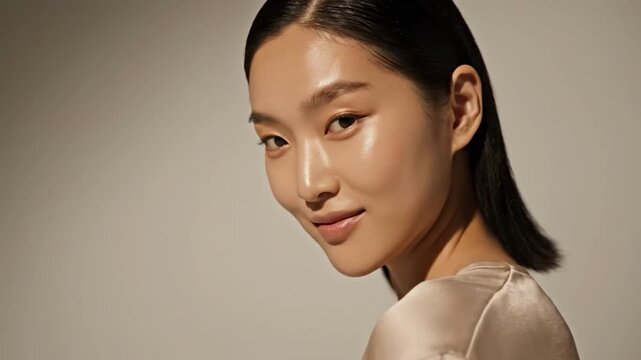 A serene Asian woman with radiant skin and a calm demeanor, posing in a neutral setting, conveying a sense of natural beauty and confidence.