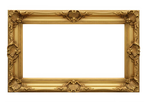 Ornate gold picture frame with intricate designs isolated on transparent background