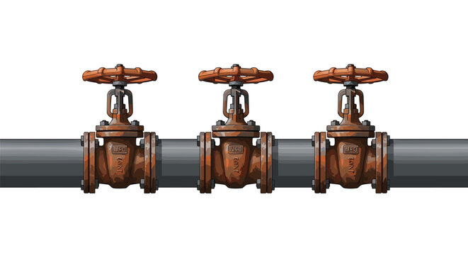 Three old industrial gate valves with rust texture mounted on a grey pipe, isolated against a white background, showcasing a vintage industrial aesthetic.