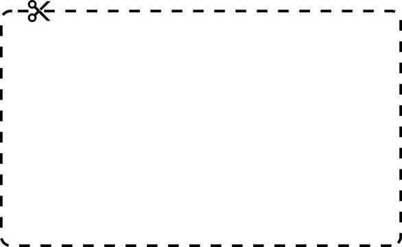 Coupon cut line border with scissors icon Coupon rectangle vector template dashed coupon border frame isolated on gray background