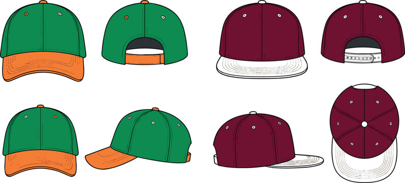 Set of Baseball Cap and Snapback Hat Vector Templates Featuring Front Back and Side Views for Apparel Branding Fashion Retail and Sportswear Design Mockups