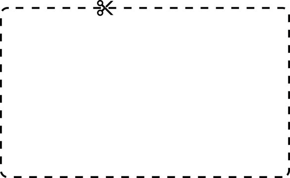 Coupon cut line border with scissors icon Coupon rectangle vector template dashed coupon border frame isolated on gray background