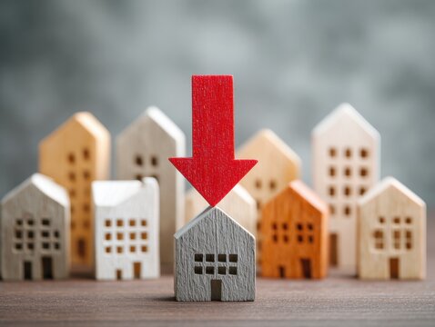 Wooden miniature houses with a red arrow pointing down at a central house symbolizing decrease in property value or housing market downturn concept