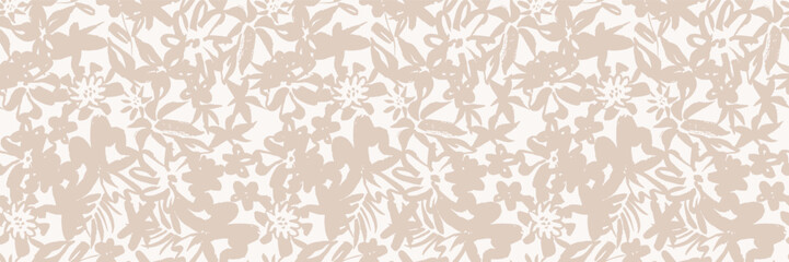 Fototapeta premium Seamless floral pattern. Flowers and leaves beige organic plant print. Modern botanical vector background. Simple minimal foliage texture. Neutral tropical leaf silhouette print. Contemporary boho bg