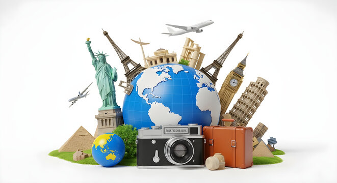Global landmarks composite travel tourism and cultural icons illustration