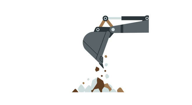 Minimalist grey excavator bucket arm performing a dumping action with soil and rocky debris on a clean white background in a simple flat style.
