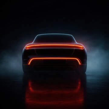 Rear view silhouette of a luxury car with neon tail lights and red glowing lines, set against a dark studio background with cinematic smoke and minimal composition