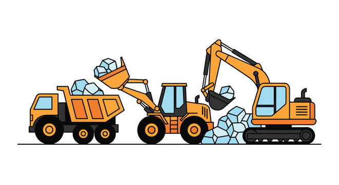Heavy orange construction machinery including a dump truck, wheel loader, and excavator working together to move large blue ice blocks on a white background.