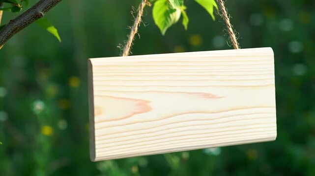 Pristine blank natural wood sign with elegant grain sways gently, framed in medium-close video with creamy bokeh, blurred verdant foliage. Tranquil organic lifestyle concept