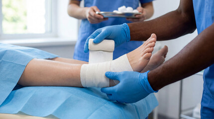 Obraz premium Medical professional applies a sterile bandage to a patient's injured ankle in a clinic. Essential first aid and medical care