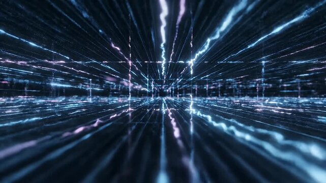 This visually striking video features an abstract dark digital grid illuminated by glowing lines. The vibrant blue and pink hues create a sense of depth and movement, evoking a futuristic universe or