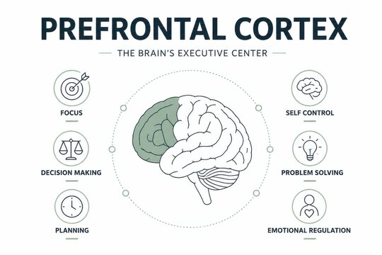 Prefrontal cortex brain infographic showing executive function focus decision making planning self control and emotional regulation