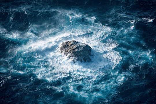 A solitary rugged rock surrounded by swirling ocean waves creating dynamic white foam patterns in a deep blue turbulent sea environment
