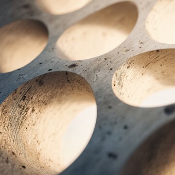 Detailed texture of a weathered wooden surface with circular carved depressions illuminated by soft natural sunlight creating warm shadows and depth
