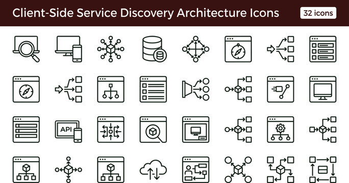 Client side service discovery architecture line icon set for microservices dashboard ui cloud networking and api infrastructure