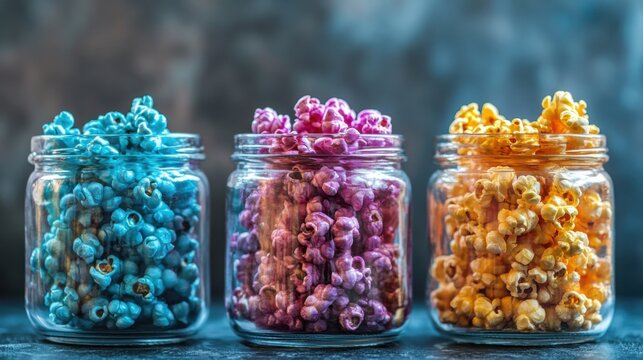 Colorful popcorn varieties in glass jars for vibrant display