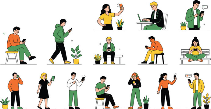 Set of Flat Design Illustrations of People Using Mobile Phones in Various Poses and Settings
