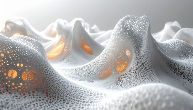 "Abstract 3D mesh surface with glowing orange lights beneath white perforated wave structure, futuristic digital art concept blending organic forms, advanced materials, and scientific visualization"
