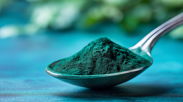 Close-up of spirulina powder in a spoon showing deep green texture in macro, superfood macro photography concept, health supplement detail, green powder close-up, defocused