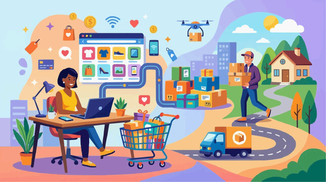 Online shopping and home delivery scene