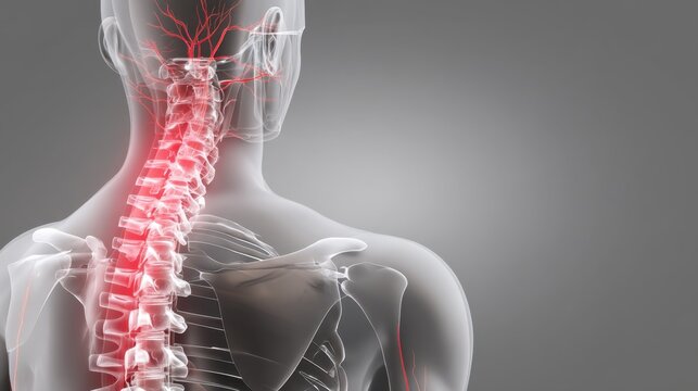 Human spine anatomy illustration showing vertebrae and spinal cord with highlighted areas indicating nerve pathways and blood vessels