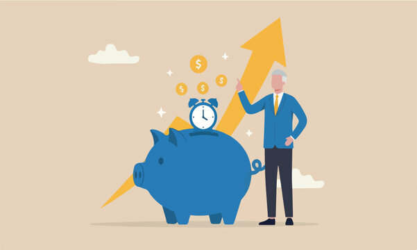 Pension fund investment for retirement, saving or wealth rich senior elderly adult, earning or profit, future value or growth for retirement planning concept, senior piggybank with clock