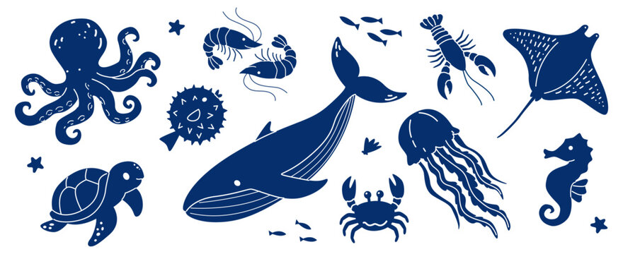 Sea animals silhouette set with whale, octopus, turtle, jellyfish, stingray, crab and fish. Marine vector stencil collection isolated on white background.