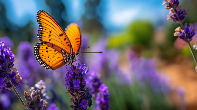 Close-up of a vibrant butterfly resting on a purple lavender bloom among sun-drenched wildflowers, butterfly and flower macro concept, spring pollinator photography, warm nature