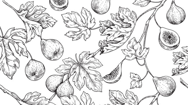 Detailed black and white illustration of ripe figs and leaves on branches repeating pattern