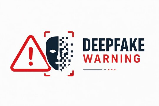 Deepfake warning concept with warning triangle and digital face icon on white background for online safety and AI fraud awareness