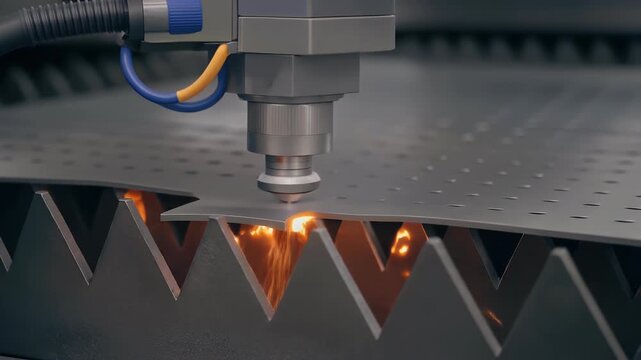 Laser cutting machine cuts through metal sheet in industrial setting with sparks flying.