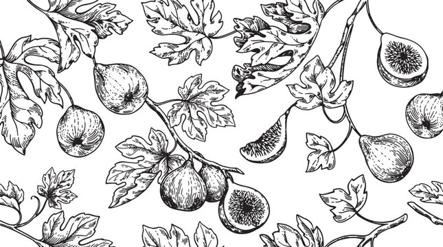 Detailed handdrawn illustration of ripening figs hanging from branches with detailed leaves