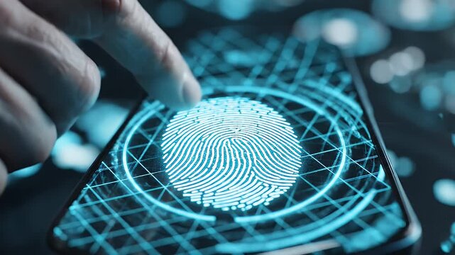 A close-up view of a person's finger hovering above a digital interface featuring a glowing fingerprint design on a cyan grid background.