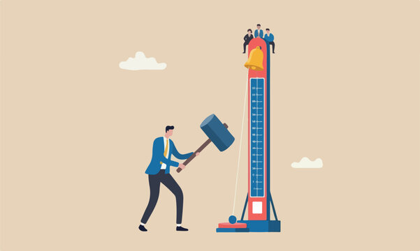 Strength meeting score concept, businessman hit strength tester with big hammer to reach top