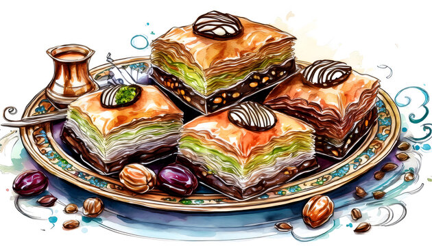 Traditional Turkish baklava on a decorative platter with coffee