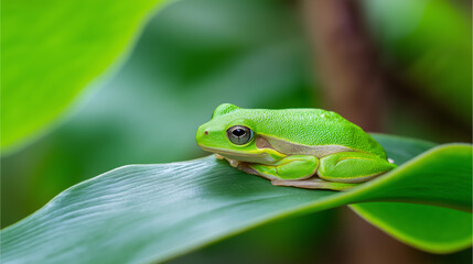 Obraz premium Macro close-up of a small green tree frog resting on a leaf in natural surroundings, amphibian wildlife concept, rainforest frog close-up, nature macro photography, defocused