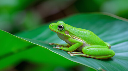 Obraz premium Macro close-up of a small green tree frog resting on a leaf in natural surroundings, amphibian wildlife concept, rainforest frog close-up, nature macro photography, defocused