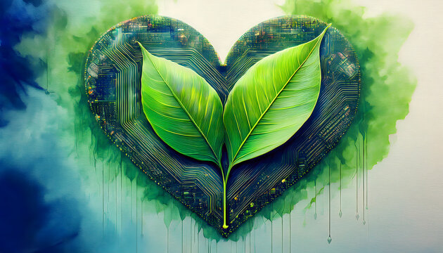 Green Heart with Electronic Circuitry and Sprouting Leaves