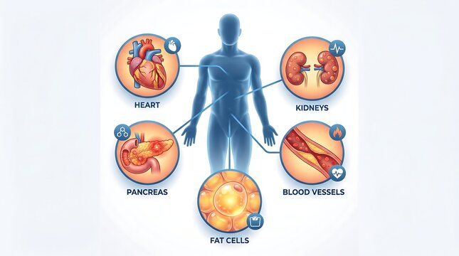 Human body with highlighted organs like heart, kidneys, pancreas, fat cells.