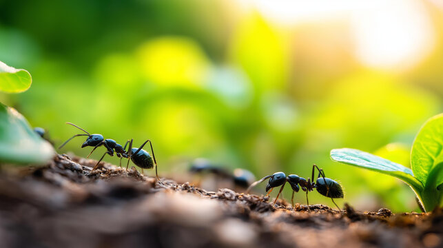 Macro close-up of busy ants on a morning garden path with leaf fragments, colony behavior concept, ant teamwork photography, insect macro morning, defocused background, with copy