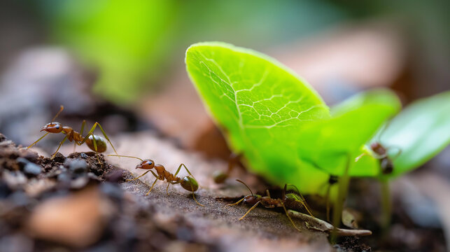 Macro close-up of busy ants on a morning garden path with leaf fragments, colony behavior concept, ant teamwork photography, insect macro morning, defocused background, with copy