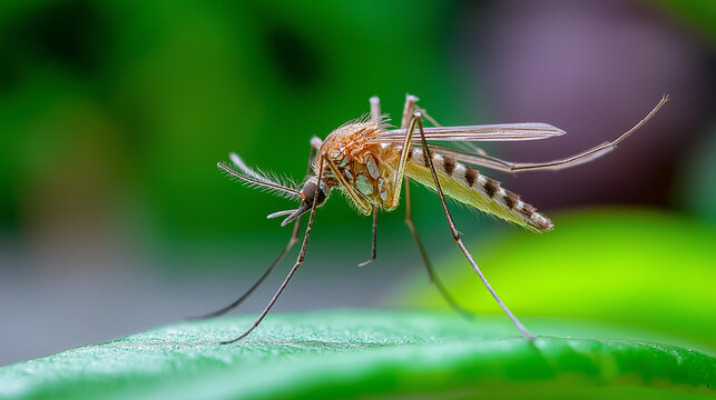 Macro close-up of a mosquito feeding on skin with thin legs and wings clearly visible, insect macro photography concept, entomology detail, wildlife close-up, defocused