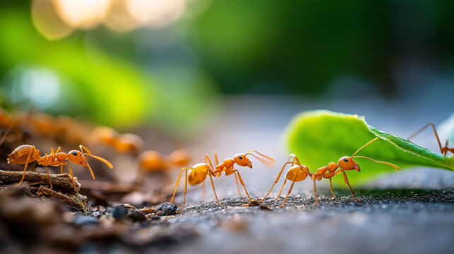 Macro close-up of busy ants on a morning garden path with leaf fragments, colony behavior concept, ant teamwork photography, insect macro morning, defocused background, with copy