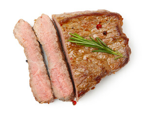 Fototapeta premium Tasty beef steak with spices isolated on white, top view