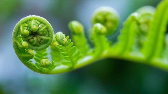 Close-up of fern fronds showing Fibonacci spiral geometry in macro detail, botanical mathematics concept, nature geometry, fern structure photography, defocused background, with