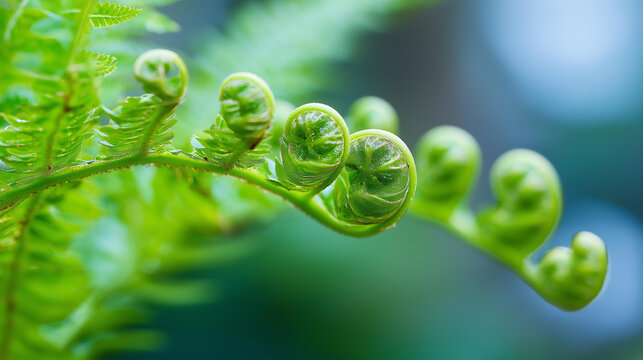 Close-up of fern fronds showing Fibonacci spiral geometry in macro detail, botanical mathematics concept, nature geometry, fern structure photography, defocused background, with