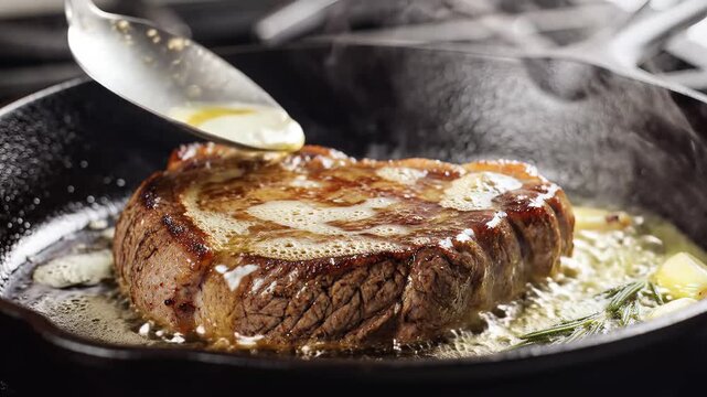 Juicy Ribeye Steak Sizzling in Cast Iron Skillet with Butter and Herbs.