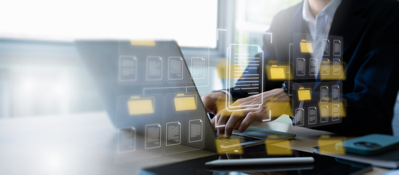 Data infrastructure and data pipeline development. Data integration.Data export and privacy request concept showing document files and folders being downloaded from an account system,secure management